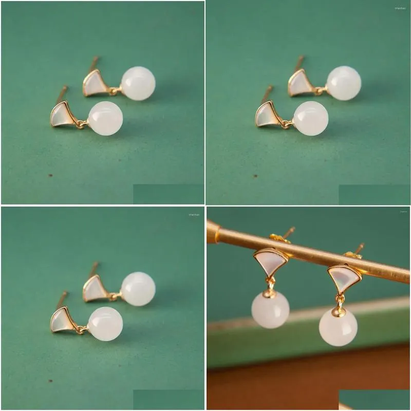 dangle earrings natural hetian white jade stud earring women`s simple and compact s925 sterling silver chinese style retro national