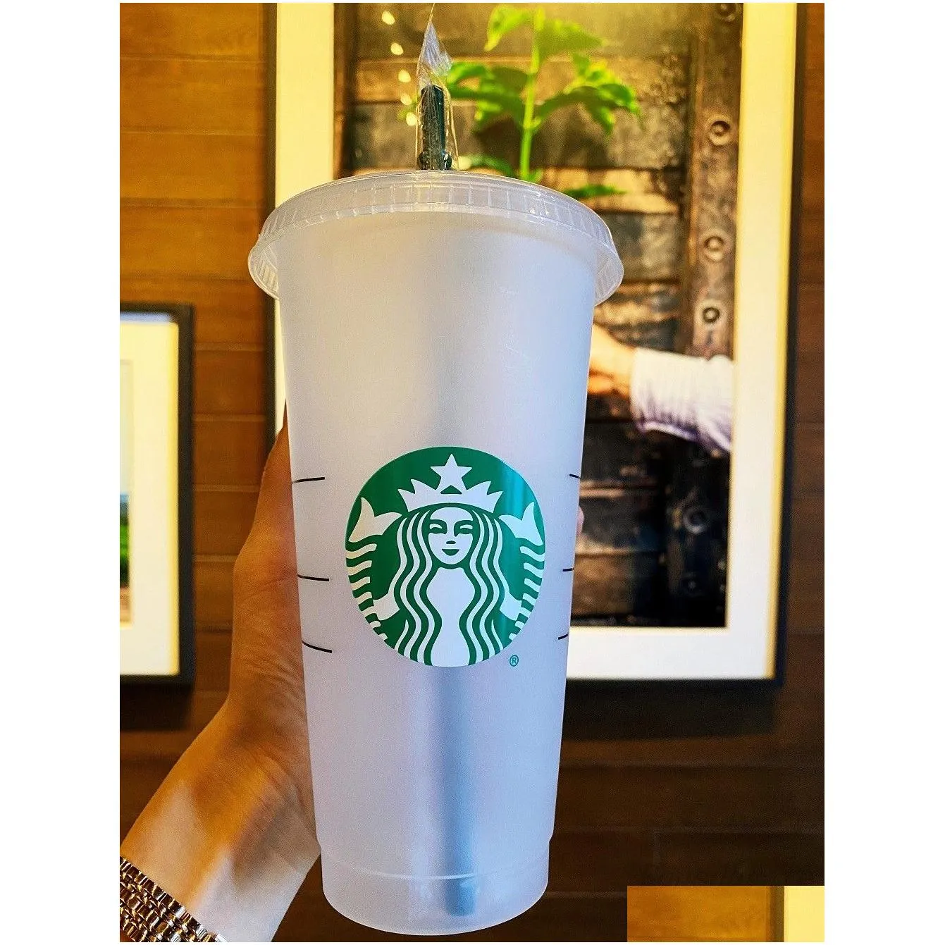 starbucks mug 24oz/710ml plastic tumbler reusable black drinking flat bottom cup pillar shape lid straw 100pcs shipped by dhl