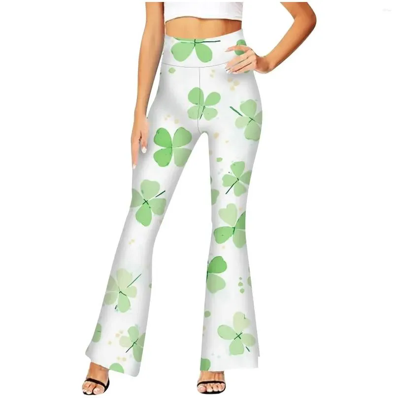 women`s pants 2024 fashion st. patrick`s day printed flare high waist wide leg stretchable casual