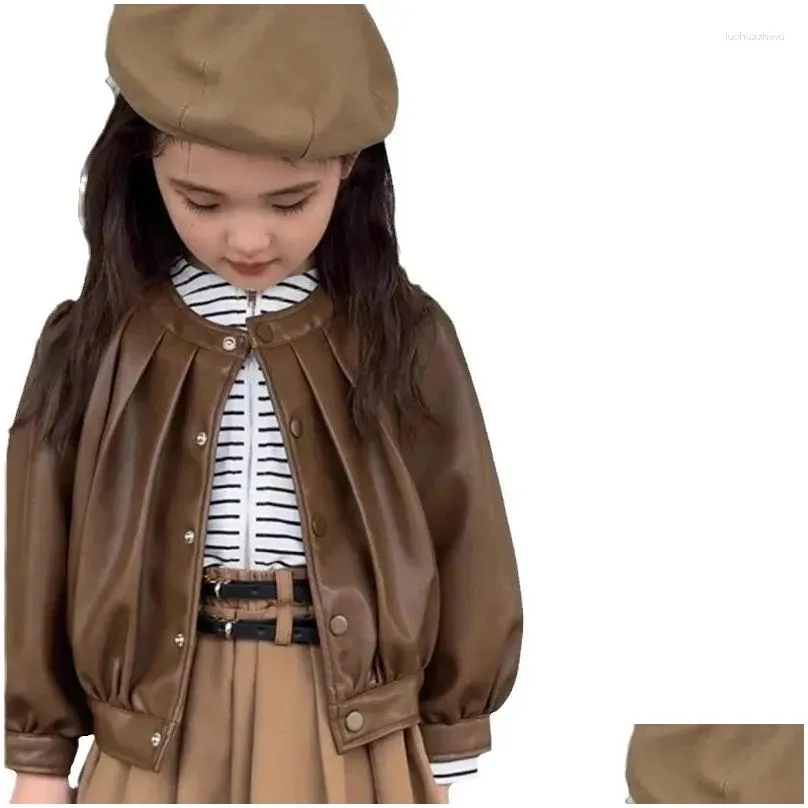 jackets girls` coat front pu leather jacket 2024 autumn and winter children`s clothing baby girl clothes