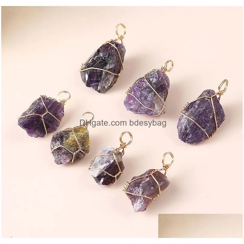 Irregular Natural Purple Crystal Stone Gold Plated Handmade Pendant Necklaces For Women Girl Party Club Jewelry With Chain