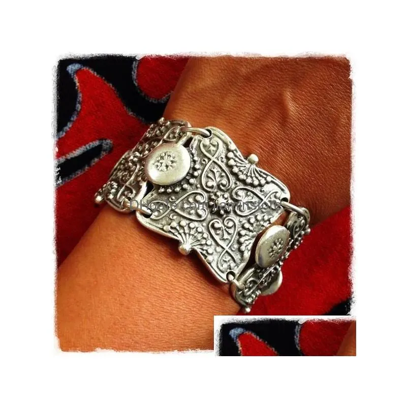 Bangle European New Fashion Style Turkish Gypsy Vintage Tibet Sier Plated Coin Adjustable Bracelet For Women Jewelry Design Drop Deli Dhv5U