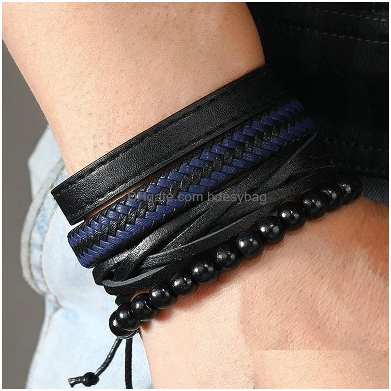 Male Multilayer Rope Leather Handmade Braided Beaded Charm Bracelets Set Adjustable Party Club Jewelry For Men