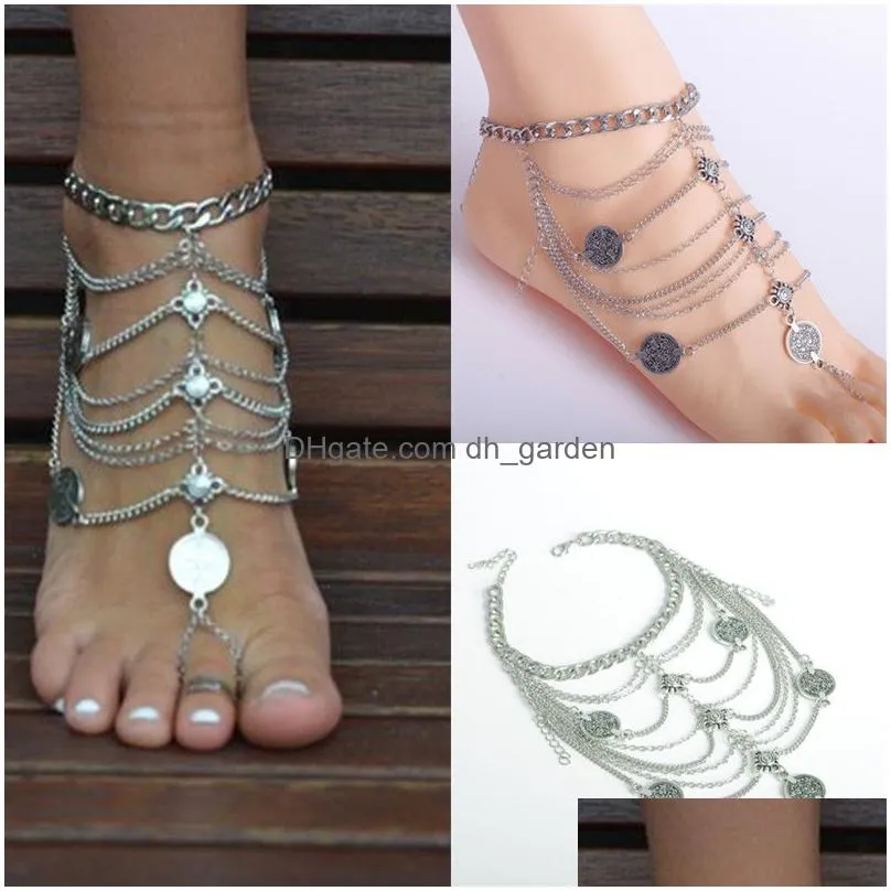 Bohemian vintage silver multilayer coin flower charms anklet bracelets women foot jewelry