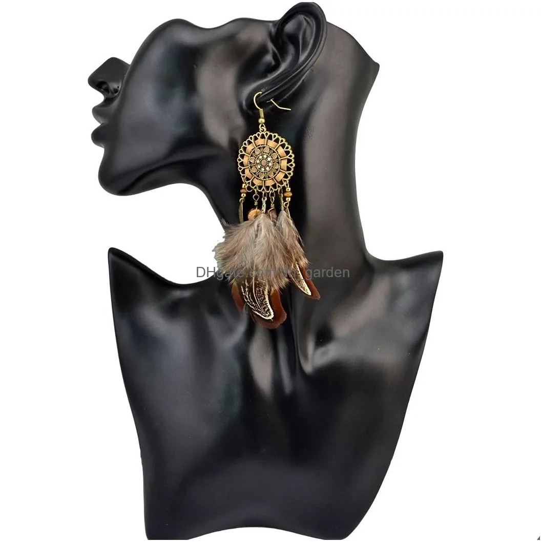 Boho Retro Style with Beaded Feather Tassel Drop Dangle Earrings Dream Catcher Shape Hoop Earrings for Women