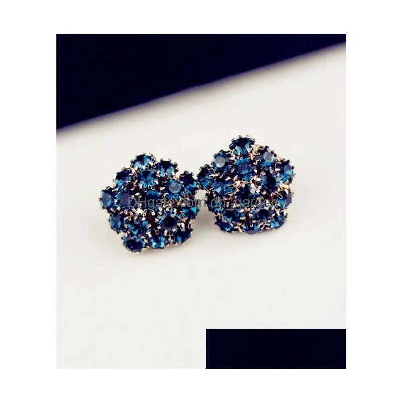 Korea Style Gold Plated Alloy Royalblue Rhinestone Flower Studs Earrings