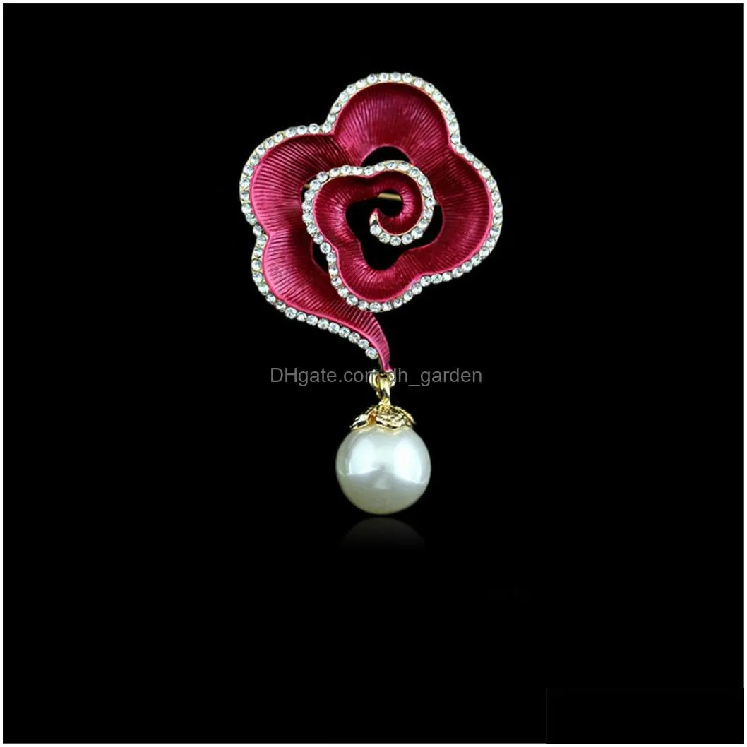 Three Colors Fashion Gold Plated Plant Enamel Pink White Blue Flower Shape Rhinestone Pearl Collar Pin Brooch