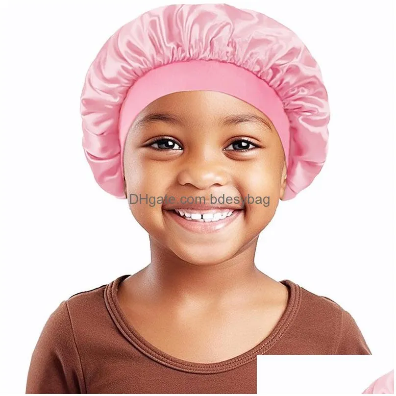 Kids Children Soft Satin Solid Color Elastic Sleeping Caps Bonnet Night Sleep Hat Hair Care Beanie Headwear