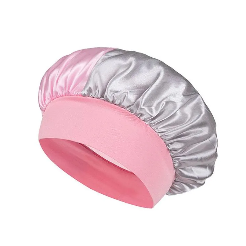 Solid Color Wide Band Handmade Satin Night Hat For Women Girl Elastic Sleep Caps Beauty Bonnet Hair Care Accessories