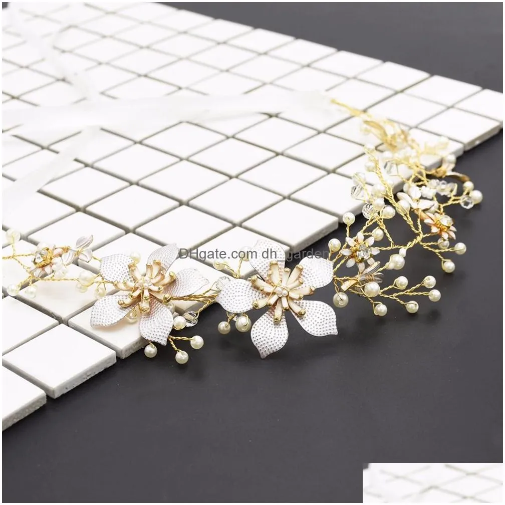 US Warehouse New fashion flower pearl bride headdress ethnic style hand woven wedding band hair accessories Jewelry Gift