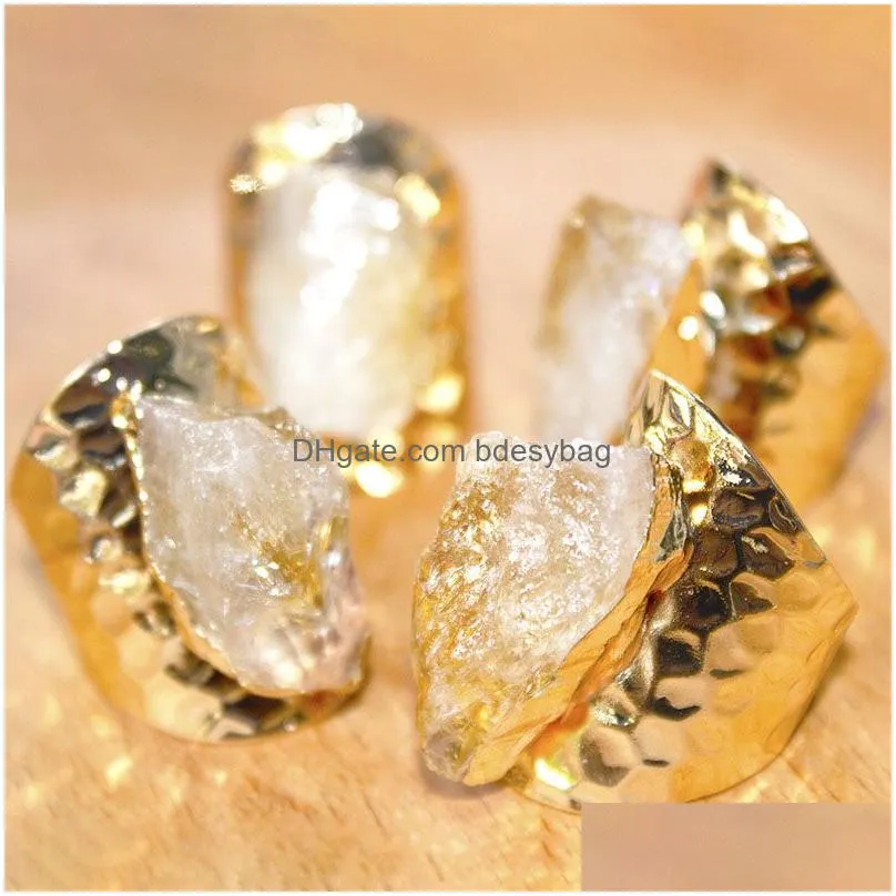 Irregular Natural Crystal Stone Adjustable Gold Plated Wide Rings For Women Girl Party Club Decor Fashion Jewelry