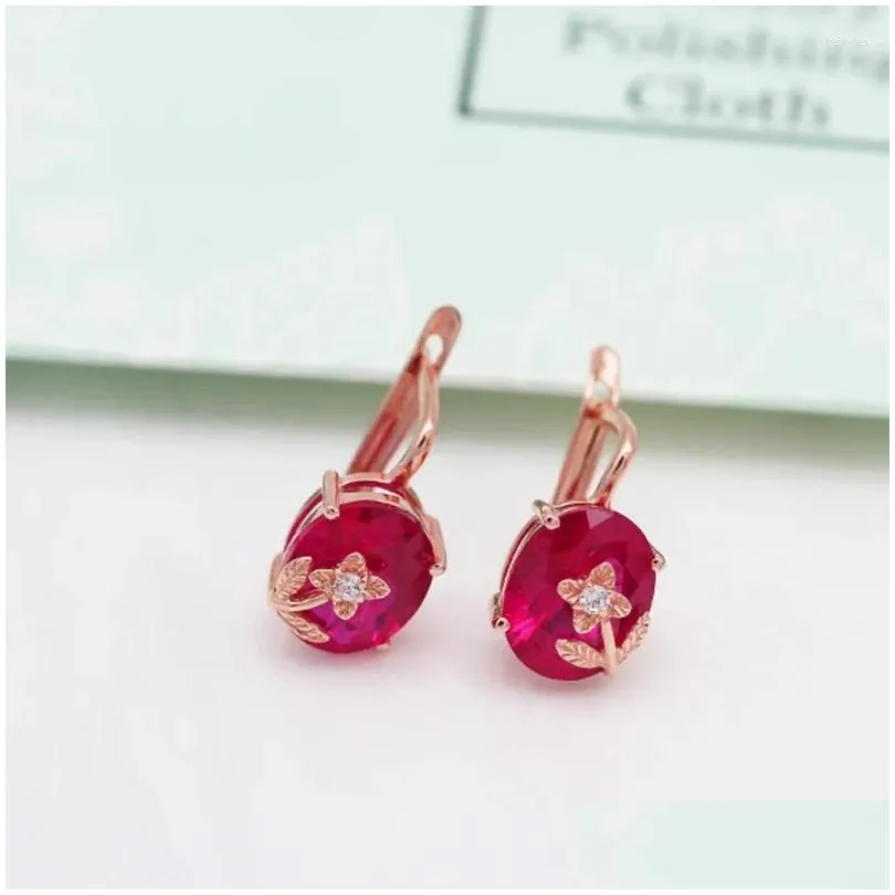 stud earrings 585 purple gold plated 14k rose inlaid ruby flower shape for women luxury sweet style party high jewelry