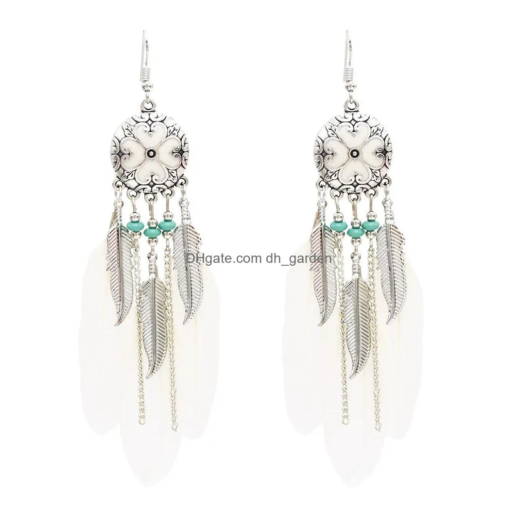 Idealway 4 Colors Hot Vintage Bohemian Drop Dangle Earrings Alloy Leaves Pendant Feather Earrings Jewelry