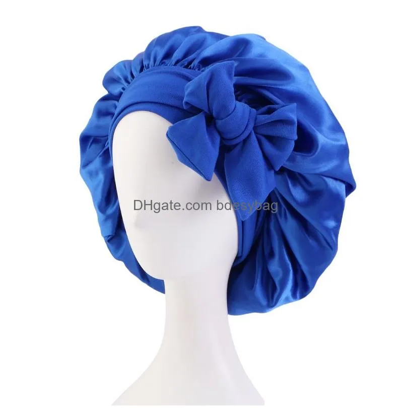 Solid Color Satin Bowknots Sleep Caps Bonnet For Women Lady Headwrap Night Hat Hair Care Fashion Headwear