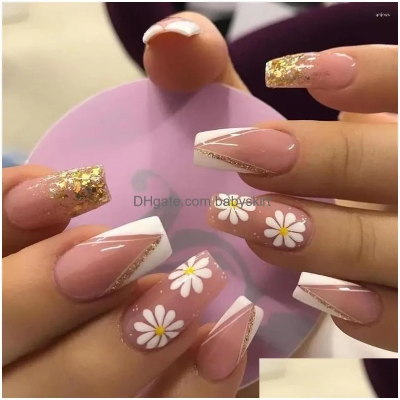 False Nails French Wear Nail Removable Pink Phnom Penh Small Daisy  Style Square Head Easy To Operate Mainland Drop Delivery Dhqhn