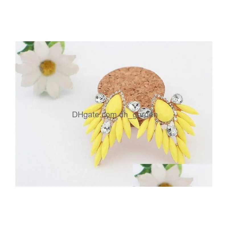 New Gold Plated leaf earring Fashion Charming Fluorescence Color Resin Drop Leaf Rhinestone Ear Stud Earrings