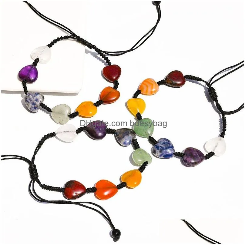 Natural Crystal Stone Heart Charm Bracelets Colorful Handmade Rope Braided Beaded Jewelry For Women Men