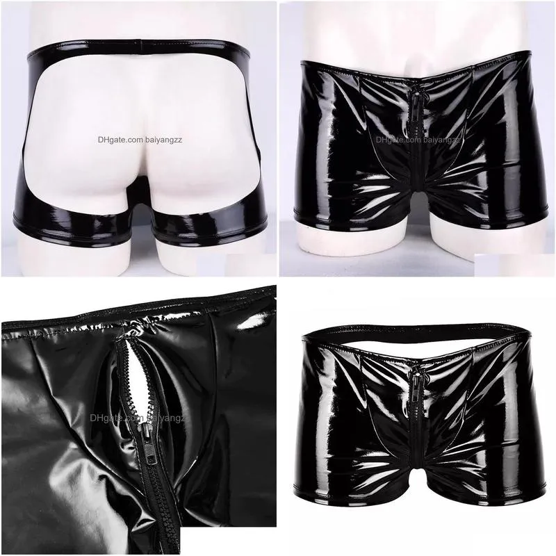 sexy lingerie panties mens pvc bright leather underwear hollow ass shorts