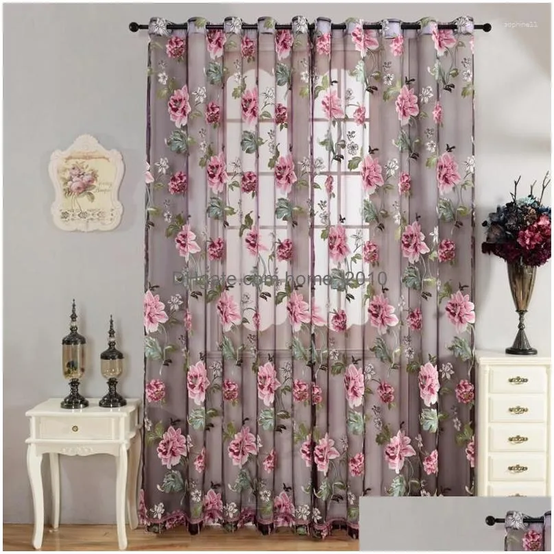 curtain ready stock peomies embroidered with holes beads light transmission door window for living room bedroom 1pc