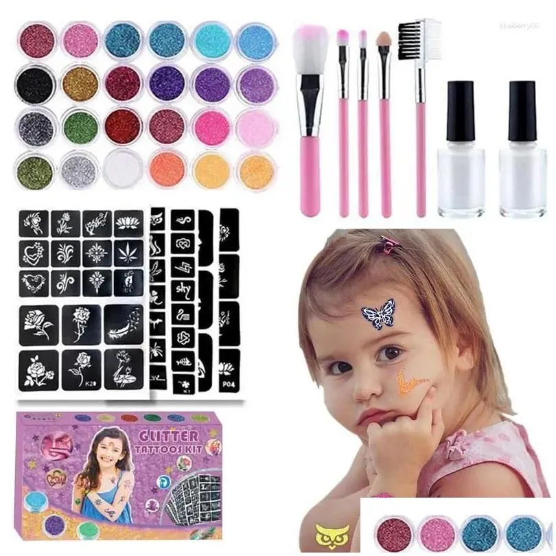 tattoo inks 30 colors glitter kit with stencil glue brush makeup body art for kids adults painting powder