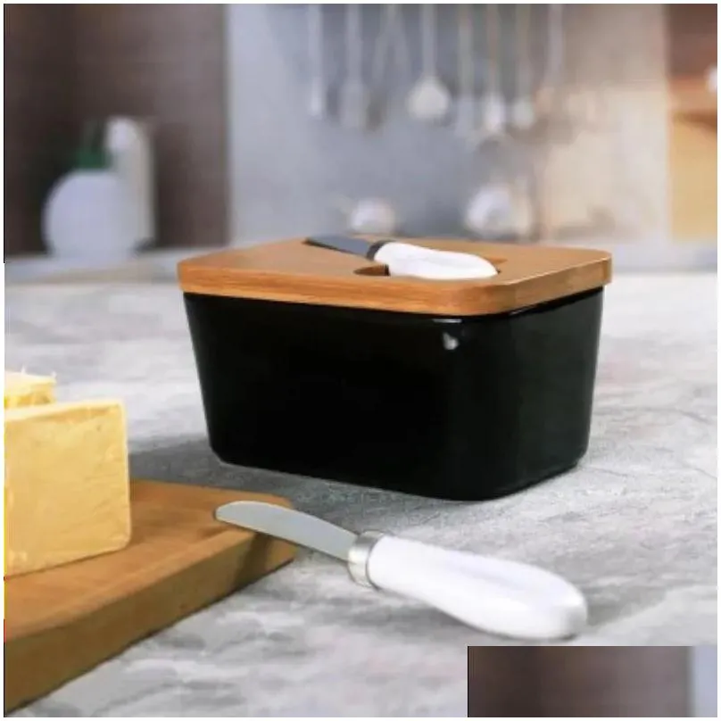 Other Home & Garden Plates Butter Box Nordic Sealing With Wood Lid Knife Dish Ceramic Keeper Tool Cheese Tray Plate Kitchen Storage Dr Otz83