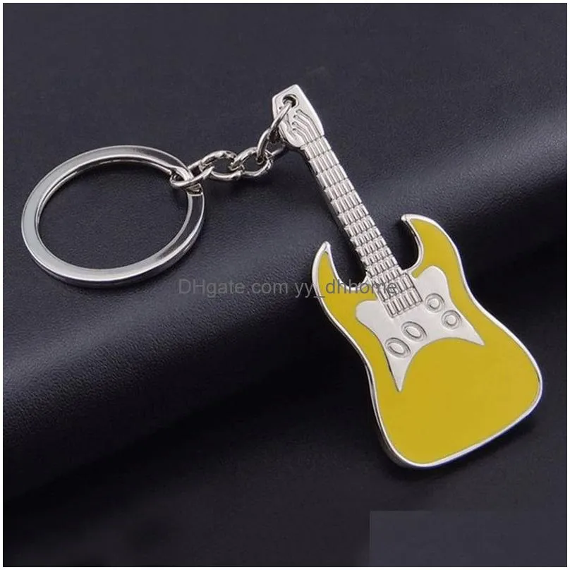 musical instrument guitar keychain enamel key ring holder bag hangs fashion jewelry promotion gift black red blue