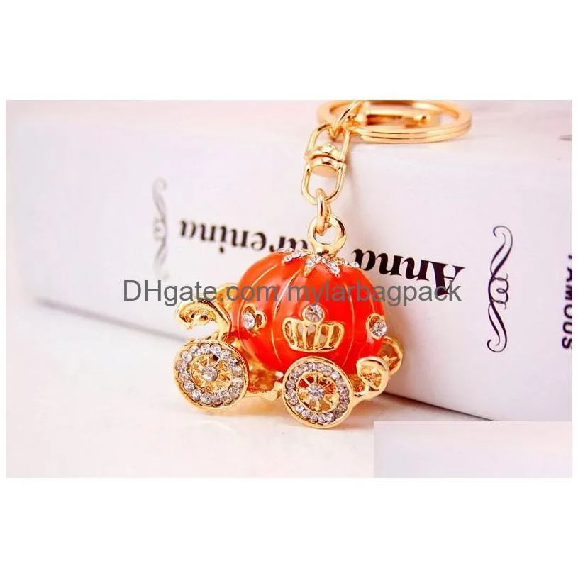 rhinestone pumpkin carriage key ring for hallowmas christmas gift fairy tale keychain hand bag pendant w9285