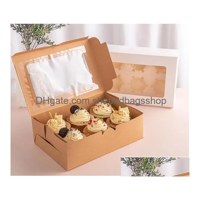 cupcake box with window white brown paper pastry boxes dessert mousse muffin box 24*16*7.5cm wb1809