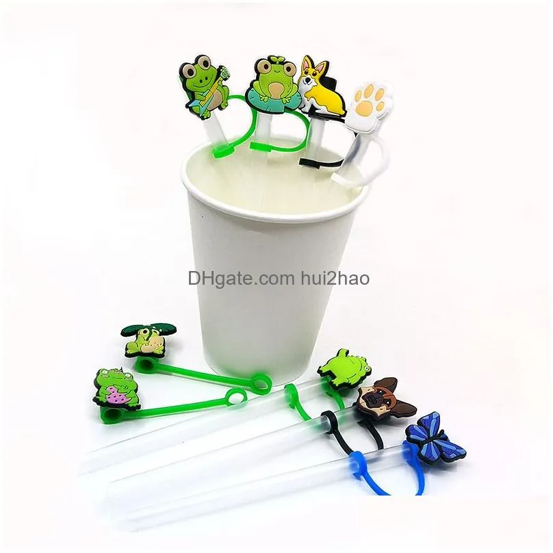 9pcs/set animals dog tumbler straw toppers cover molds charms reusable splash proof drinking dust plug decorative 8mm straw