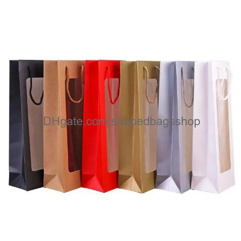 rectangle kraft gift wrap bag with window bottle of white and red wine holder for party wedding decorations