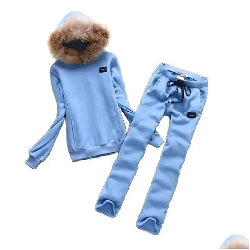 womens two piece pants winter juicy coconut womens hooded sweatshirt and pants sets thick cotton tracksuit with fur collar