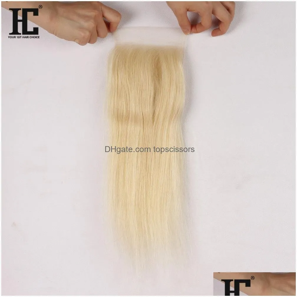 HC 5Pcs Lot Virgin Peruvian Blonde Hair With Closure Bleached Knots Straight 613 Honey Blonde Hair Bundles With Lace