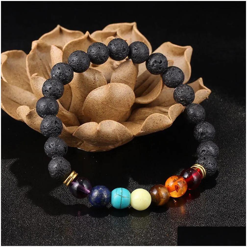 seven chakra bracelet strands natural stone 8mm lava-rock yoga beaded bracelets 100pcs/lot