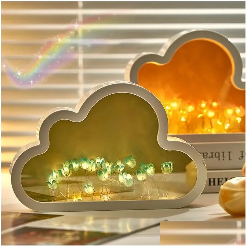 diy night light mirror cloud shape tulip lamp creative p o frame mirror for girl bedroom ornaments handmade birthday gift