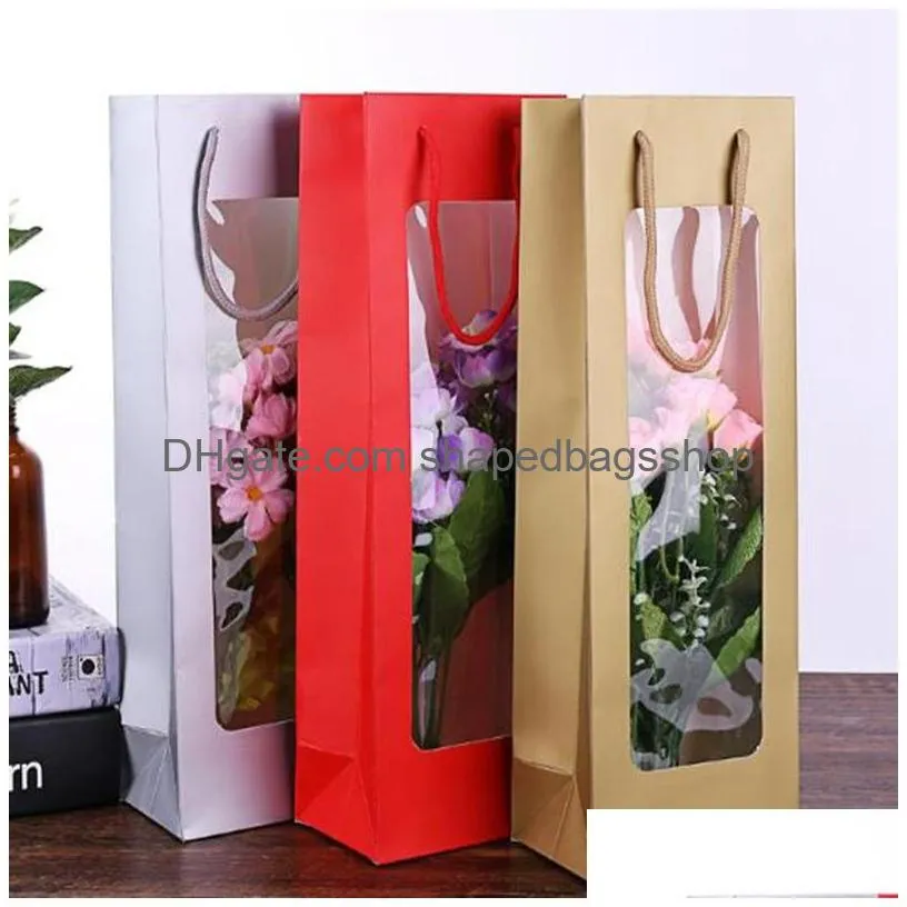 rectangle kraft gift wrap bag with window bottle of white and red wine holder for party wedding decorations