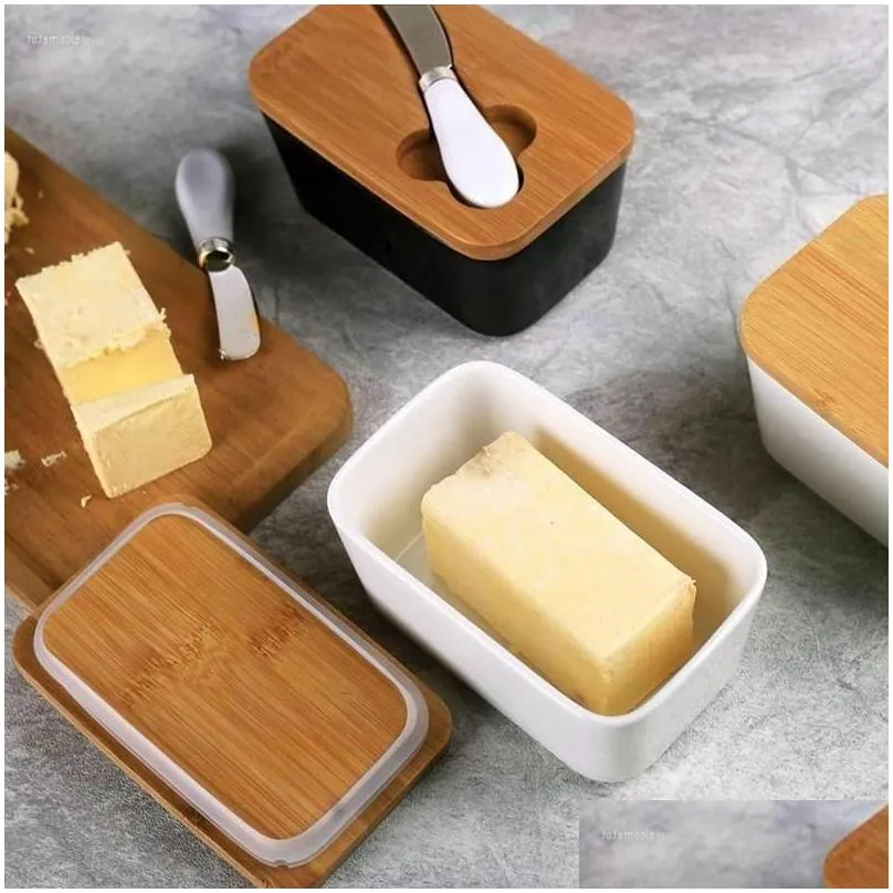 Other Home & Garden Plates Butter Box Nordic Sealing With Wood Lid Knife Dish Ceramic Keeper Tool Cheese Tray Plate Kitchen Storage Dr Otqv8