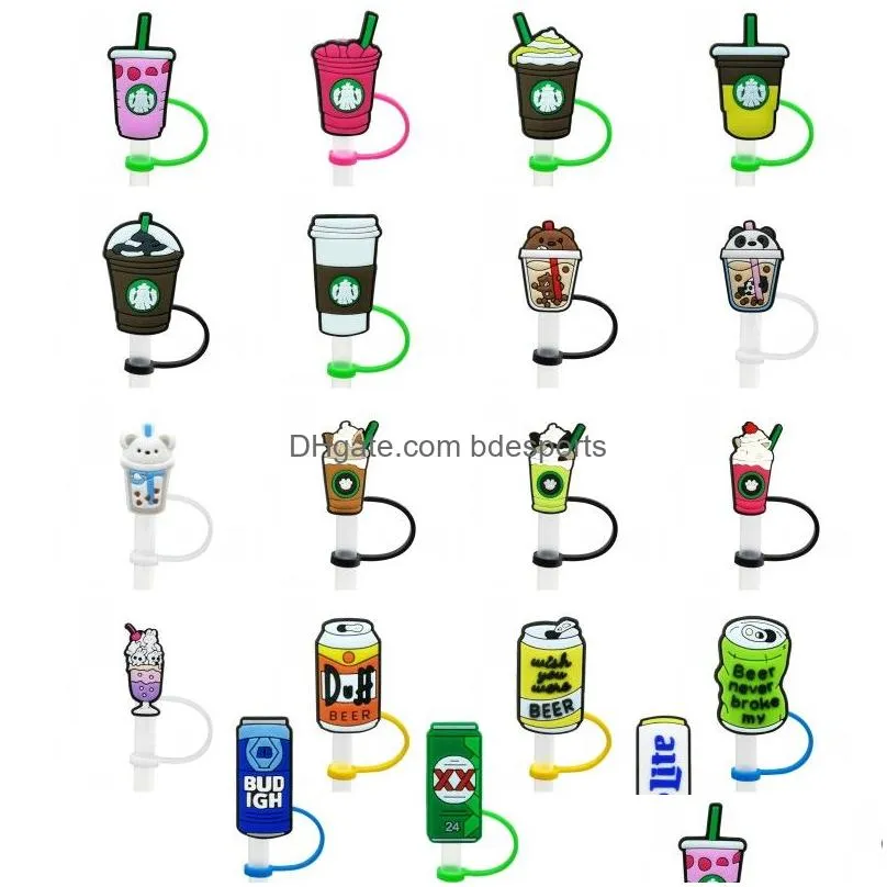 Coffee cup milk tea pattern soft silicone straw charms toppers accessories covers Reusable Splash Proof drinking dust plug decorative charm 8mm glass cup