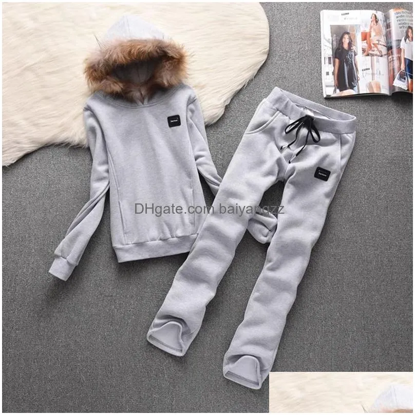 womens two piece pants winter juicy coconut womens hooded sweatshirt and pants sets thick cotton tracksuit with fur collar