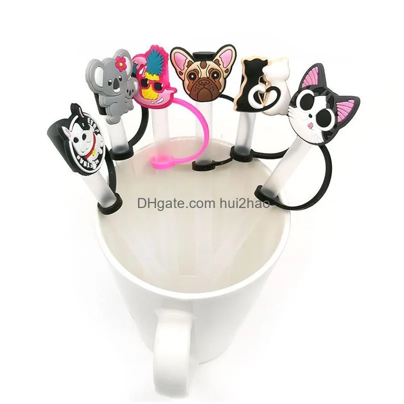 9pcs/set animals dog tumbler straw toppers cover molds charms reusable splash proof drinking dust plug decorative 8mm straw