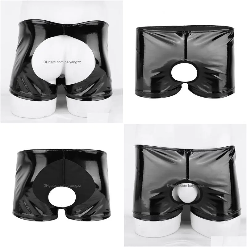 sexy lingerie panties mens pvc bright leather underwear briefs open crotch shorts