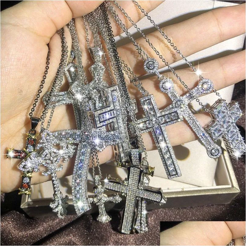 Fashion Mens Luxury Cross Necklace Hip Hop Jewelry Silver White Diamond Gemstones Iced Out Pendant Women Necklaces