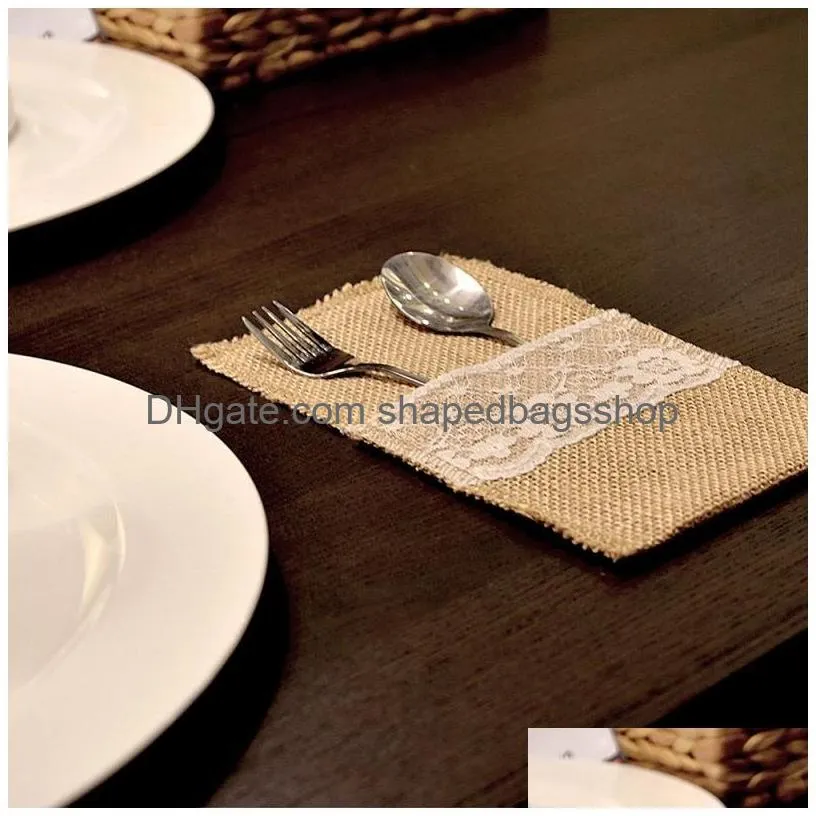 vintage shabby chic jute burlap lace tableware fork knife burlap holder cutlery pocket wedding table decoration wa3911