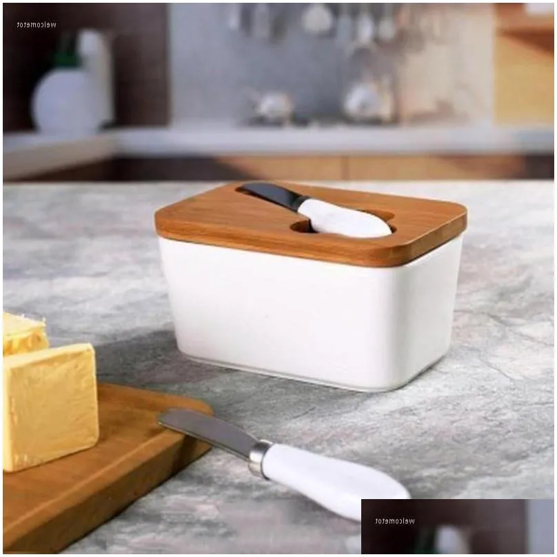 Other Home & Garden Plates Butter Box Nordic Sealing With Wood Lid Knife Dish Ceramic Keeper Tool Cheese Tray Plate Kitchen Storage Dr Otqv8