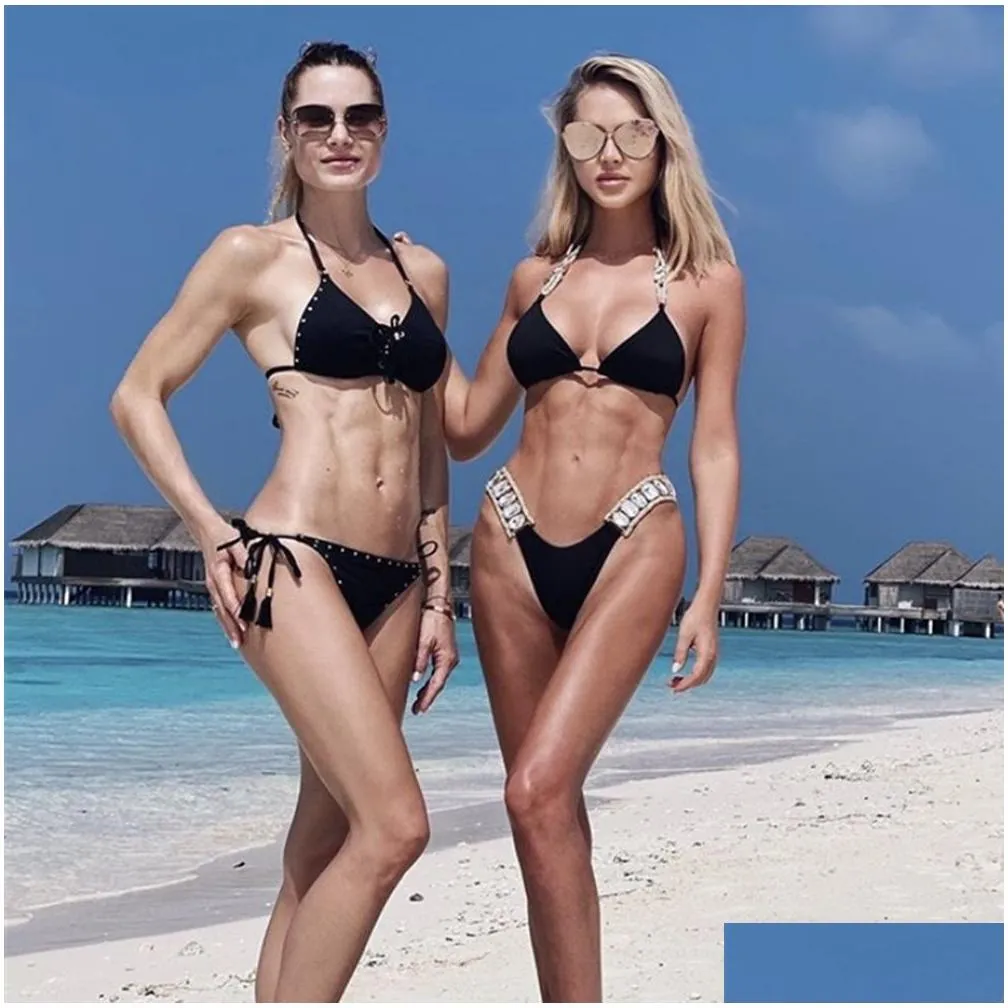 2021 newest crystal diamond female swimsuit plain color binding sexy backless bikini manufacturers spot