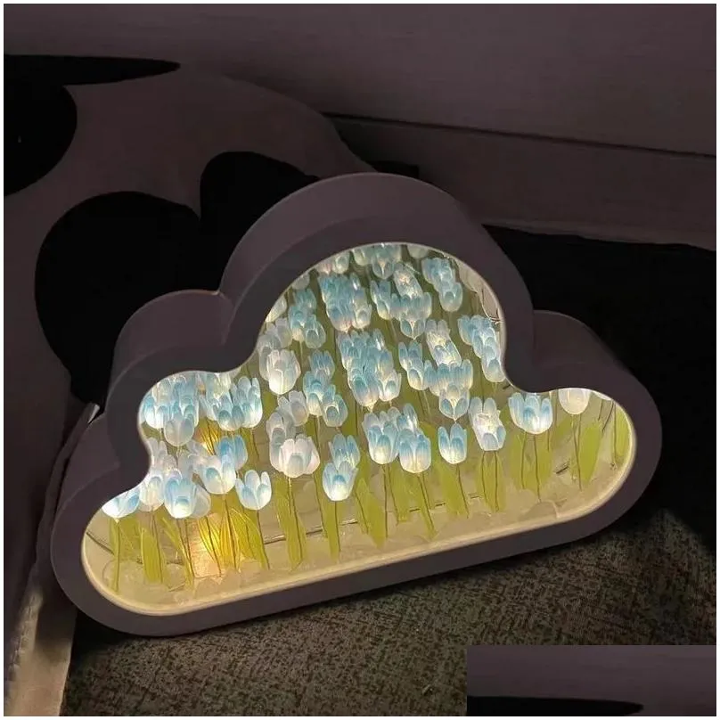 diy night light mirror cloud shape tulip lamp creative p o frame mirror for girl bedroom ornaments handmade birthday gift