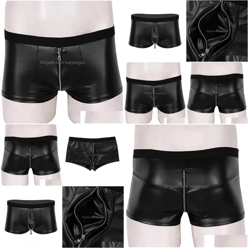 sexy lingerie panties mens soft shiny leather boxer shorts sexy underwear with crotch zipper