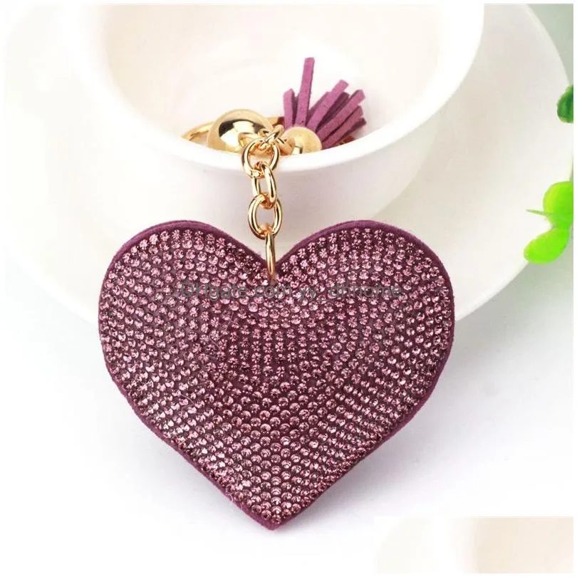 gold crystal heart keychain tassel charm carabiner key rings holder bag hangs fashion jewelry will and sandy drop ship