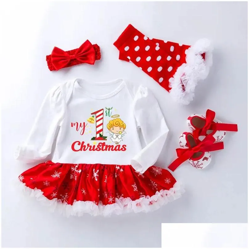 Clothing Sets New Fashion Xmas Set Kids Baby Christmas Suits Girls Snowflake Long Sleeve Romper Dress 4-Piece-Set Casual Jumpers Track Ott7X