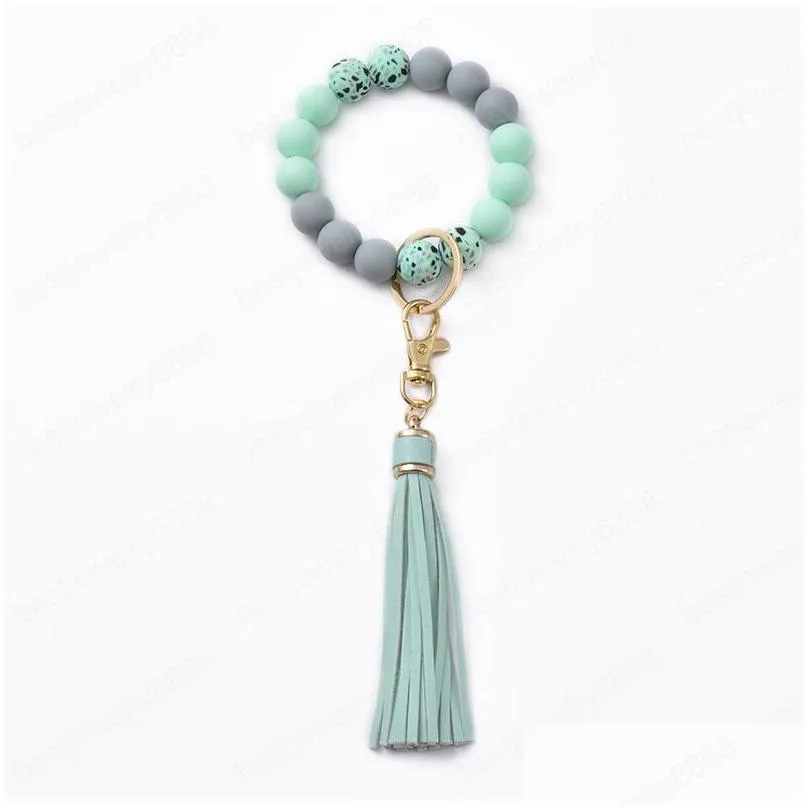 silicone wooden beads key chain multicolor tassel bracelet keyring large circle keychains wristlet jewelry