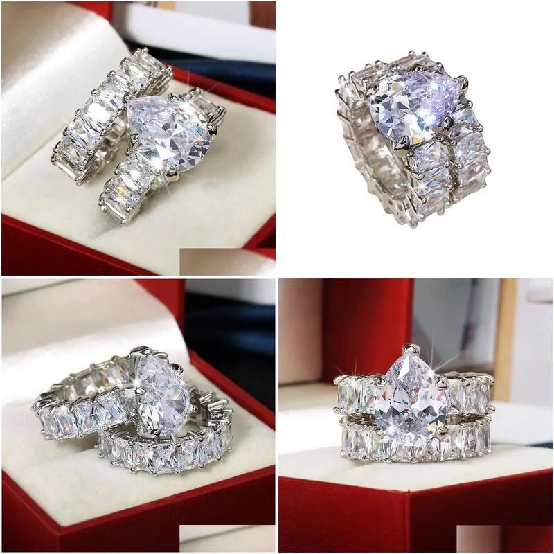 ins top sell wedding rings sparkling luxury jewelry 925 sterling silver water drop 5a cubic zircon party cz diamond gemstones women wedding couple bridal ring